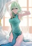  1girl absurdres alternate_costume arms_up bed bikini bikini_bottom byleth_(fire_emblem) byleth_(fire_emblem)_(female) china_dress chinese_clothes closed_mouth dress fire_emblem fire_emblem:_three_houses green_bikini green_eyes green_hair highres ijiro_suika pillow see-through sitting solo swimsuit veil window 