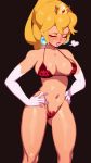  1girl =3 absurdres bangs bikini blonde_hair blush breasts cleavage combos_&amp;_doodles crown dress earrings elbow_gloves gloves hands_on_hips highres jewelry large_breasts long_hair mario_(series) ponytail princess_peach sigh solo super_mario_bros. swimsuit tagme 