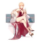  1girl alcohol alternate_costume ask_(askzy) bangs bare_shoulders blonde_hair breasts champagne cleavage crossed_legs dress full_body fur_coat girls_frontline glass hair_between_eyes high_heels holding jewelry long_hair medium_breasts nail_polish official_art orange_eyes ots-14_(girls_frontline) red_dress simple_background sitting smile solo transparent_background very_long_hair 