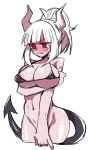  1girl alternate_costume arm_under_breasts bangs bare_arms bare_legs bare_shoulders bare_thighs bikini black_bikini black_gloves black_tail blush breasts covered_nipples demon_girl demon_horns demon_tail embarrassed gloves helltaker highres horns huge_breasts large_breasts long_hair looking_to_the_side lucifer_(helltaker) mecomecopop mole mole_under_eye monster_girl navel no_panties red_eyes ringed_eyes simple_background solo string_bikini string_bra swimsuit tail white_background white_hair white_horns 