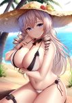  1girl algerie_(azur_lane) algerie_(white_sand_angel)_(azur_lane) azur_lane bangs bikini blush breast_hold breasts cleavage closed_mouth collarbone commentary detached_collar eyebrows_visible_through_hair flower hair_between_eyes hat hat_flower head_tilt highres large_breasts long_hair looking_at_viewer mole mole_under_eye navel neck_ribbon outdoors purple_eyes ribbon signature silver_hair sitting smile solo straw_hat sun_hat swimsuit white_bikini wsman 