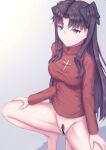  1girl bar_censor black_hair blue_eyes bottomless breasts censored cross_print fate/stay_night fate_(series) female_pubic_hair long_hair long_sleeves medium_breasts ohguro_mariya print_sweater pubic_hair red_sweater solo spread_legs squatting sweater tohsaka_rin two_side_up 
