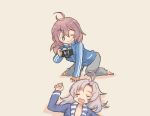  2girls ahoge all_fours antenna_hair aoba_(kantai_collection) blue_eyes blue_jacket closed_eyes drooling grey_hair grey_pants hair_down jacket kantai_collection kinugasa_(kantai_collection) long_hair messy_hair multiple_girls otoufu pants purple_hair sleeping sleepwear track_jacket 