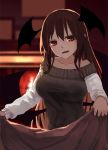  1girl :o alternate_costume bare_shoulders bat_wings blanket blurry blush breasts bright_pupils collarbone commentary_request depth_of_field eyebrows_visible_through_hair fang fire fireplace futatsuki_eru hair_between_eyes head_tilt head_wings holding_blanket koakuma large_breasts long_hair looking_at_viewer low_wings pointy_ears red_eyes red_hair sweater touhou very_long_hair white_pupils wings 