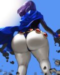  1girl ass ass_focus behind_back black_leotard blue_cloak cloak dc_comics energy facing_away grey_skin huge_ass leotard pale_skin purple_hair raven_(dc) senria short_hair teen_titans thick_thighs thighs wedgie 