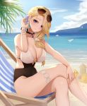  1girl azur_lane bare_shoulders beach bird black_swimsuit blonde_hair blue_eyes blue_sky blush breasts chick cleavage closed_mouth collarbone covered_navel crossed_legs earrings eyewear_on_head hair_over_shoulder highres hood_(azur_lane) hood_(sunlit_lady)_(azur_lane) jewelry large_breasts long_hair looking_at_viewer low_ponytail manjuu_(azur_lane) multicolored multicolored_clothes multicolored_swimsuit ocean one-piece_swimsuit sitting sky smile sunglasses swimsuit thighs wei_xiao white_swimsuit 