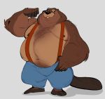  5_fingers beaver belly bulge clothed clothing digital_media_(artwork) fingers fur igiveyoulemons male mammal nipples overweight overweight_male rodent simple_background smile solo standing teeth 