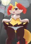  anthro blush braixen bulge canid canine clothing fur girly hi_res inner_ear_fluff looking_at_viewer looking_down male mammal nintendo one_eye_closed open_mouth panties pawpads pink_pawpads pok&eacute;mon pok&eacute;mon_(species) simple_background solo tuft underwear video_games white_body wink yellow_body yellow_fur も 
