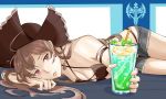  1girl absurdres anchor_earrings azur_lane bikini bikini_under_clothes breasts brown_bikini brown_hair brown_headwear cleavage criss-cross_halter cup cutoff_jeans cutoffs denim denim_shorts drinking_glass drinking_straw eyebrows_visible_through_hair halterneck hat highleg highleg_bikini highres jean_bart_(azur_lane) jean_bart_(secret_afternoon)_(azur_lane) long_hair lying medium_breasts micro_shorts noel_na on_side pirate_hat purple_eyes short_shorts shorts solo swimsuit vichya_dominion_(emblem) 