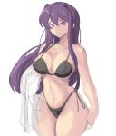  1girl :&lt; bikini black_bikini cropped_legs doki_doki_literature_club frown highres long_hair navel purple_eyes purple_hair rakeemgarcia side-tie_bikini sidelocks simple_background sketch stomach swimsuit thighs white_background yuri_(doki_doki_literature_club) 