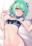  1girl aqua_hair bangs bare_arms bare_shoulders black_triangle_(artist) bottomless closed_mouth commentary detached_collar double_bun flat_chest hair_ornament hair_ribbon hair_scrunchie half-closed_eyes highres hololive looking_at_viewer lying navel on_back on_bed red_eyes ribbon scrunchie sidelocks skull_hair_ornament smile solo stomach strapless tubetop uruha_rushia 