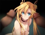  1girl 2boys abukuma_(kantai_collection) bishoujo_senshi_sailor_moon black_choker blonde_hair blue_eyes blurry breasts choker closed_mouth collarbone commentary_request double_bun hair_between_eyes hair_rings kantai_collection kyoro_(cothurnus) medium_breasts mole multiple_boys multiple_penises nipples nude parody penis penis_awe sailor_moon_redraw_challenge sweatdrop twintails 