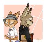  anthro bad_guy_cafe brown_body brown_eyes brown_fur clothing colt_lasky domestic_cat duo eyewear felid feline felis female fur glasses hat headgear headwear lynx male mammal ocerydia pendant sand_fur sarha_solar 