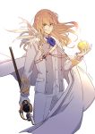  1boy alternate_eye_color apple bangs blonde_hair blue_neckwear cape earrings eyebrows_visible_through_hair fate/grand_order fate_(series) feather_collar food formal fruit gameplay_mechanics gloves glowing golden_apple green_eyes hair_between_eyes holding jewelry kirschtaria_wodime light long_hair long_sleeves looking_at_viewer mage neckerchief pants sei_(abab40116) smile solo staff standing suit white_background white_cape white_gloves white_pants white_suit 