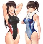  2girls akagi_(kantai_collection) armpits arms_behind_head arms_up bangs bare_shoulders black_swimsuit blue_swimsuit breasts brown_eyes brown_hair closed_mouth covered_navel grey_swimsuit highleg highleg_swimsuit highres kaga_(kantai_collection) kantai_collection large_breasts long_hair looking_at_viewer multicolored multicolored_clothes multicolored_swimsuit multiple_girls open_mouth red_swimsuit side_ponytail simple_background smile swimsuit thighs towel towel_around_neck wa_(genryusui) white_background 
