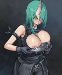  1girl arknights armband armor_removed black_gloves blush breastplate breasts brown_eyes cleavage cleavage_cutout clothes_around_waist commentary_request gloves green_hair hair_ornament hair_over_shoulder havockr hoshiguma_(arknights) jacket_around_waist large_breasts nipple_slip nipples no_bra nose_blush oni_horn skin-covered_horns solo sweat 