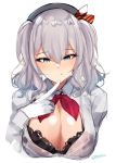  1girl absurdres black_bra blue_eyes bra breasts cleavage frilled_bra frills highres index_finger_raised kantai_collection kashima_(kantai_collection) kirihrra large_breasts long_sleeves neckerchief open_clothes red_neckwear sidelocks silver_hair simple_background solo tsurime twintails underwear upper_body wavy_hair white_background 