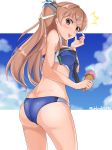  1girl ass bikini blue_bikini blue_sky breasts brown_eyes cloud commentary_request cowboy_shot from_behind hair_ornament hair_ribbon highres johnston_(kantai_collection) kantai_collection light_brown_hair long_hair looking_at_viewer looking_back medium_breasts ribbon sky solo standing swimsuit takashi_(nougyou) tongue tongue_out two_side_up 