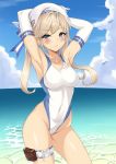  1girl absurdres arms_behind_head beret blonde_hair blue_eyes blue_sky breasts cleavage cloud commentary_request competition_swimsuit cowboy_shot cucouroux_(granblue_fantasy) day elbow_gloves gloves granblue_fantasy hat highleg highleg_swimsuit highres horizon long_hair looking_at_viewer medium_breasts ocean one-piece_swimsuit outdoors pm_tii_(matuko1024) sky solo standing swimsuit twintails water white_gloves white_headwear white_swimsuit 