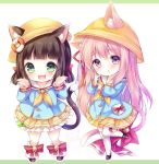  2girls animal_ear_fluff animal_ears azur_lane bell black_footwear blue_shirt brown_hair cat_ears chibi commentary_request fang full_body green_eyes hat jingle_bell kabocha_usagi kindergarten_uniform kneehighs long_hair low_twintails mary_janes multiple_girls open_mouth pink_eyes pink_hair ribbon school_hat shirt shoes short_hair short_twintails side_ponytail skirt smile standing standing_on_one_leg tail tail_ornament tail_ribbon thighhighs twintails white_legwear yellow_headwear yellow_skirt 