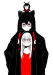  1boy 1girl :3 amamiya_ren animal animal_hood animal_on_head bangs blunt_bangs cat cat_hood closed_mouth coat glasses grin height_difference hood hood_up long_sleeves looking_at_viewer monochrome morgana_(persona_5) on_head persona persona_5 sakura_futaba sidelocks simple_background smile spot_color upper_body white_background yasuu! 
