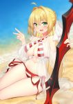  1girl absurdres aestus_estus ahoge beach bikini blonde_hair breasts criss-cross_halter fate/grand_order fate_(series) green_eyes hair_bun hair_intakes halter_top halterneck highres large_breasts nero_claudius_(fate)_(all) nero_claudius_(swimsuit_caster)_(fate) ocean red_bikini side-tie_bikini sitting solo striped striped_bikini swimsuit v wu_yao_jun 