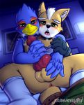  anthro anus avian balls bed blush canid canine clothing falco_lombardi fox fox_mccloud furniture genitals hi_res jcosneverexisted knot legwear male male/male mammal masturbation nintendo nude open_mouth penis sex sitting socks star_fox video_games 