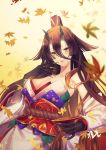  1girl bangs bare_shoulders beads breasts brown_hair claws cleavage collarbone cup detached_sleeves facial_mark fate/grand_order fate/requiem fate_(series) gogatsu_fukuin gradient gradient_background gradient_hair hair_between_eyes highres horns japanese_clothes kijo_kouyou_(fate) kimono large_breasts leaf lipstick long_hair long_sleeves looking_at_viewer makeup maple_leaf multicolored_hair parted_lips ponytail rope sakazuki sash slit_pupils smile very_long_hair white_kimono wide_sleeves yellow_background yellow_eyes 