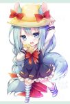  1girl animal_ears arm_up azur_lane blue_dress blue_eyes blue_hair braid chibi commentary_request dress eating food full_body hand_on_headwear hand_to_own_mouth hat kabocha_usagi long_hair loose_thighhigh low-tied_long_hair mikazuki_(azur_lane) open_mouth ponytail ribbon school_hat short_dress solo squirrel_ears squirrel_tail striped striped_legwear tail taiyaki thighhighs very_long_hair wagashi yellow_headwear 