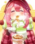  1girl bangs beanie blush chopsticks closed_eyes commentary_request cup_ramen eating eyebrows_visible_through_hair food green_scarf hat highres kagamihara_nadeshiko noodles pink_hair plaid scarf steam striped striped_scarf urara_(sumairuclover) winter_clothes yurucamp 