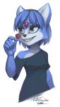  2020 absurd_res accessory anthro blue_hair breasts candy canid canine clothing female food fox fur gabbslines green_eyes hair hair_accessory headband hi_res krystal lollipop mammal nintendo signature simple_background smile solo star_fox video_games 
