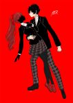  1boy 1girl amamiya_ren arm_around_waist bangs black_footwear black_hair black_jacket blazer clenched_hand copyright_name full_body hair_ribbon jacket limited_palette loafers long_hair long_sleeves pants persona persona_5 persona_5_the_royal plaid plaid_pants plaid_skirt pleated_skirt ponytail red_background red_hair red_ribbon ribbon shoes shuujin_academy_uniform silhouette_demon simple_background skirt yasuu! yoshizawa_kasumi 