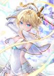  1girl akasaka_asa arms_up azur_lane bangs blonde_hair blue_eyes blush breasts capelet cleavage commentary_request covered_navel crossed_bangs dress falling_feathers feathers hair_bun holding holding_sword holding_weapon jeanne_d&#039;arc_(azur_lane) looking_at_viewer medium_breasts navel open_mouth see-through short_hair sidelocks solo standing sword upper_body weapon white_capelet white_dress 