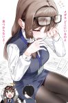  /\/\/\ 2girls black_legwear blush brown_eyes brown_hair commentary crying dress_shirt eyewear_on_head hair_intakes hair_tubes highres kfr long_hair multiple_girls office_lady open_mouth original pantyhose paper ponytail shirt sitting skirt tears translated truth vest 