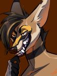  3:4 anthro baring_teeth barquq black_hair canid canine canis fangs fur grin hair jackal lambstooth male mammal markings multicolored_hair orange_eyes portrait scheming smile solo striped_body striped_fur stripes teeth two_tone_hair 