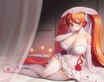  1girl bangs blush breasts bridal_veil candle cleavage dress full_body garter_straps hair_between_eyes huge_breasts last_origin long_hair looking_at_viewer may_of_doom mole mole_on_breast purple_eyes red_hair solo thighhighs twintails vanety veil very_long_hair wedding_dress white_legwear 