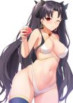  1girl bangs bare_shoulders bikini black_hair blush breasts cleavage closed_mouth criss-cross_halter cup drinking_glass earrings fate/grand_order fate_(series) halterneck highleg highleg_bikini highres hoop_earrings ishtar_(fate)_(all) ishtar_(fate/grand_order) jewelry large_breasts long_hair looking_at_viewer navel one_eye_closed parted_bangs red_eyes simple_background smile swimsuit two_side_up viral1112 white_background white_bikini 