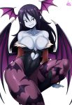  1girl absurdres adventure_time animal_print arm_support bare_shoulders bat_print bite_mark black_hair breasts cleavage collarbone cosplay fangs grey_skin head_wings highres jmg large_breasts leotard looking_at_viewer marceline_abadeer morrigan_aensland morrigan_aensland_(cosplay) pantyhose pointy_ears purple_legwear simple_background smile solo strapless strapless_leotard vampire vampire_(game) wings 