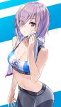  1girl bare_shoulders breasts cleavage eyebrows_visible_through_hair fate/grand_order fate_(series) hair_over_one_eye looking_at_viewer mash_kyrielight navel purple_eyes purple_hair short_hair solo sports_bra sweat towel yahako 