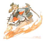  1girl absurdres arknights breasts chen_zhang commentary_request eyebrows_visible_through_hair fire gun highres horns ifrit_(arknights) looking_to_the_side orange_eyes originium_(arknights) platinum_blonde_hair short_hair small_breasts solo thighs weapon white_background 