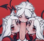  1boy 3girls animal_ear_fluff animal_ears blush cerberus_(helltaker) closed_eyes demon_tail dog_ears english_commentary erection fellatio helltaker hetero licking_lips looking_at_viewer multiple_fellatio multiple_girls oral outline penis red_background red_eyes rob_ishi simple_background tail tongue tongue_out triplets twitter_username uncensored white_hair white_outline 