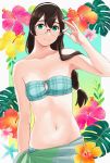  1girl absurdres adjusting_eyewear aqua_bikini bare_shoulders bikini black_hair breasts collarbone commentary cowboy_shot flower glasses green_eyes green_sarong hairband hibiscus highres kantai_collection long_hair looking_at_viewer navel ojipon ooyodo_(kantai_collection) plaid plaid_bikini sarong small_breasts solo swimsuit symbol_commentary 