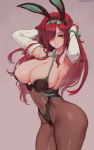  1girl absurdres animal_ears areola_slip areolae armpits artist_name breasts brown_eyes bunny_ears cleavage covered_navel cutesexyrobutts elbow_gloves erza_scarlet fairy_tail gloves hair_over_one_eye heart highres huge_filesize large_breasts long_hair looking_at_viewer paid_reward pantyhose patreon_reward pink_background pout red_hair signature simple_background solo thick_thighs thighs white_gloves 