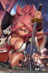  1girl amputee baiken big_hair black_kimono breasts cleavage commentary english_commentary eyepatch facial_tattoo guilty_gear guilty_gear_xrd hair_ribbon holding holding_sword holding_weapon hybridmink japanese_clothes kataginu katana kimono large_breasts long_hair looking_at_viewer mouth_hold multicolored multicolored_clothes multicolored_kimono no_bra obi one-eyed open_clothes open_kimono pink_eyes pink_hair ponytail reverse_grip ribbon running samurai sandals sash scar scar_across_eye solo sword tattoo thighs toes torn_sleeve weapon white_kimono 