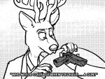  2020 4:3 4_fingers anthro antlers beastars black_and_white cervid clothed clothing disembodied_hand english_text fingers fur gun handgun horn humor louis_(beastars) male mammal monochrome pistol ranged_weapon rml text weapon 