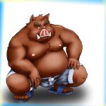  1:1 2013 anthro belly blush bottomwear brown_body brown_fur bulge clothing footwear fur humanoid_hands kemono male mammal moobs navel nipples overweight overweight_male sandals shorts simple_background solo suid suina sus_(pig) toshi_(artist) wild_boar 