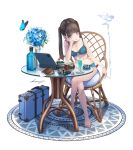  1girl absurdres black_hair blue_bra blue_eyes blue_panties bottle bra bracelet bug butterfly camera crossed_legs flower glass head_on_hand highres insect jewelry koh_(minagi_kou) long_hair looking_at_viewer necklace original panties sitting smoking solo suitcase table tablet_pc twintails underwear underwear_only watch white_background wristwatch 
