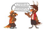  2020 alternate_version_at_source anthro avian beak bird clothed clothing dialogue duo english_text fully_clothed hi_res humor open_mouth open_smile piemations pretzel_(piemations) simple_background smile speech_bubble standing text white_background 