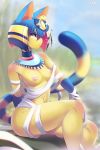  2020 2:3 animal_crossing ankha_(animal_crossing) anthro breasts detailed_background felid feline female fur hair hi_res jewelry mammal multicolored_hair nintendo nipple_piercing nipples piercing side_view solo tsampikos video_games wrappings yellow_body yellow_fur 