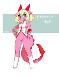  absurd_res anthro bottomless breasts claws clothed clothing darkpotzm dragon female fist footwear genitals hair hi_res horn niar_(potzm) pink_tail pussy red_horn red_tail solo two_tone_tail white_clothing white_footwear wingless_dragon 